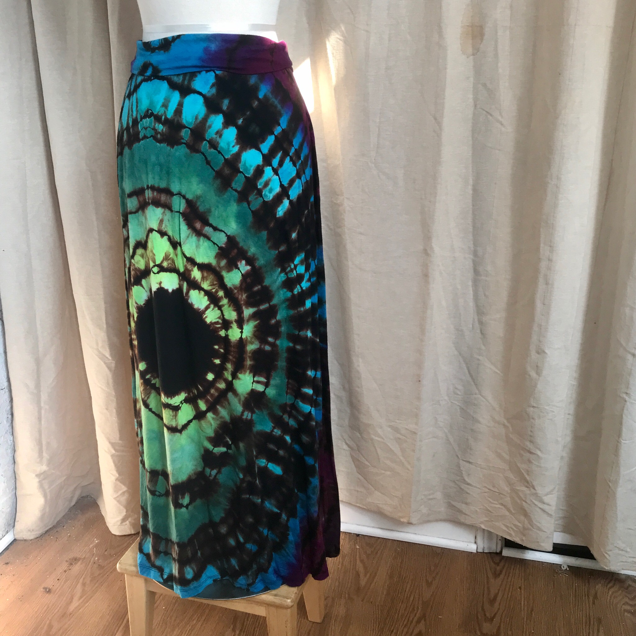 Tie Dye Maxi Skirt, Size Medium. Peacock Colorway Geode