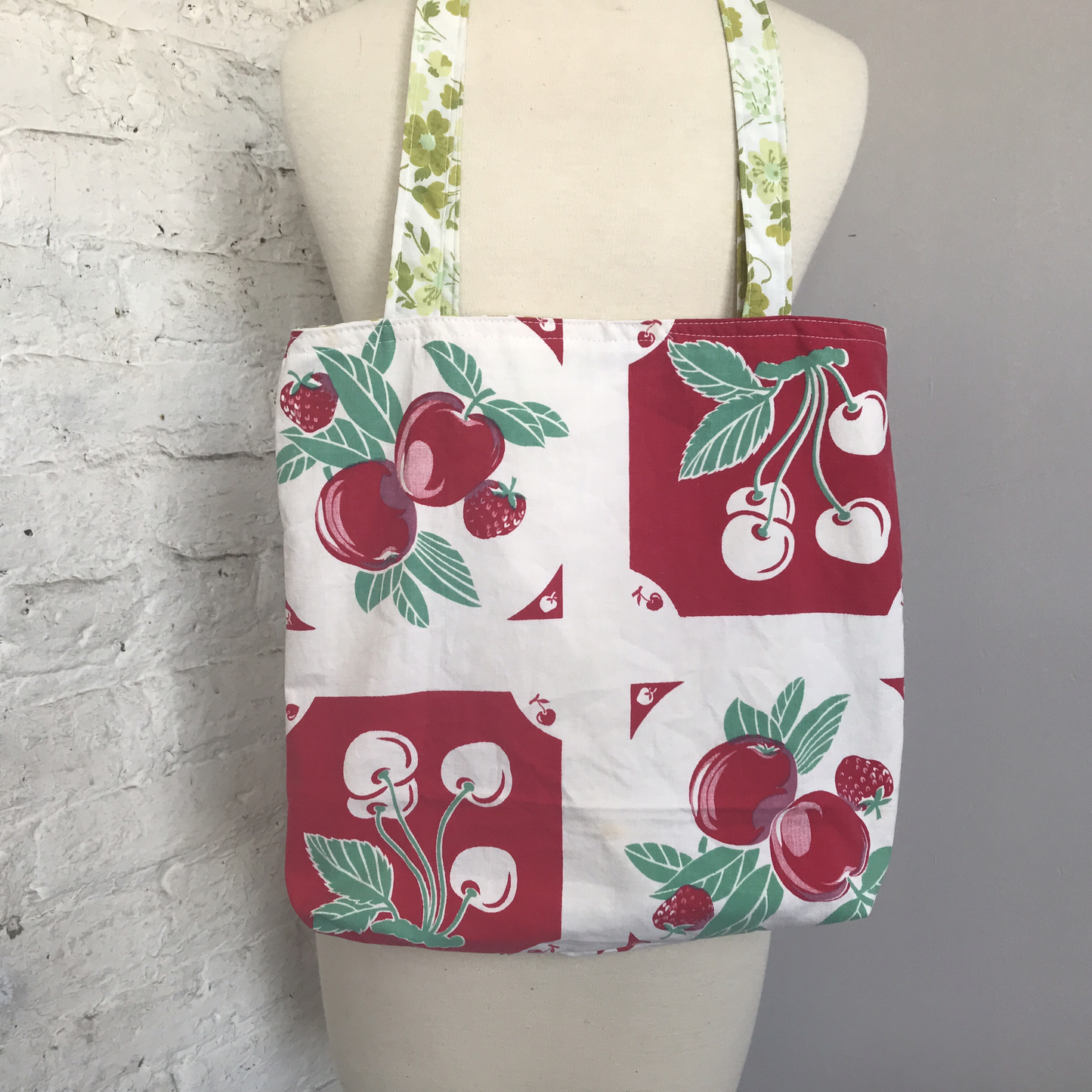 Tote Bag, vintage Table Cloth Cherries and Apples